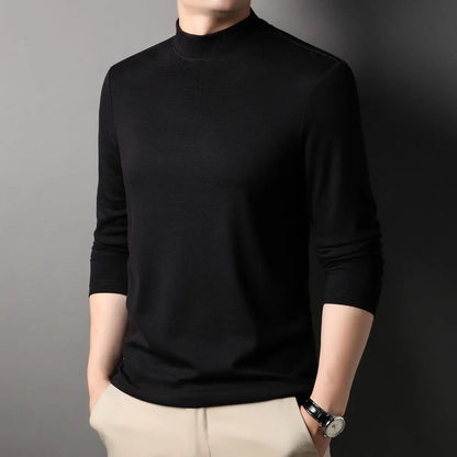 Fashion Stylish Men'S Tops Turtleneck Solid for Layering Oversized Modal T-Shirt Spring Autumn Classic Workwear Casual Tshirt
