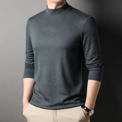Fashion Stylish Men'S Tops Turtleneck Solid for Layering Oversized Modal T-Shirt Spring Autumn Classic Workwear Casual Tshirt